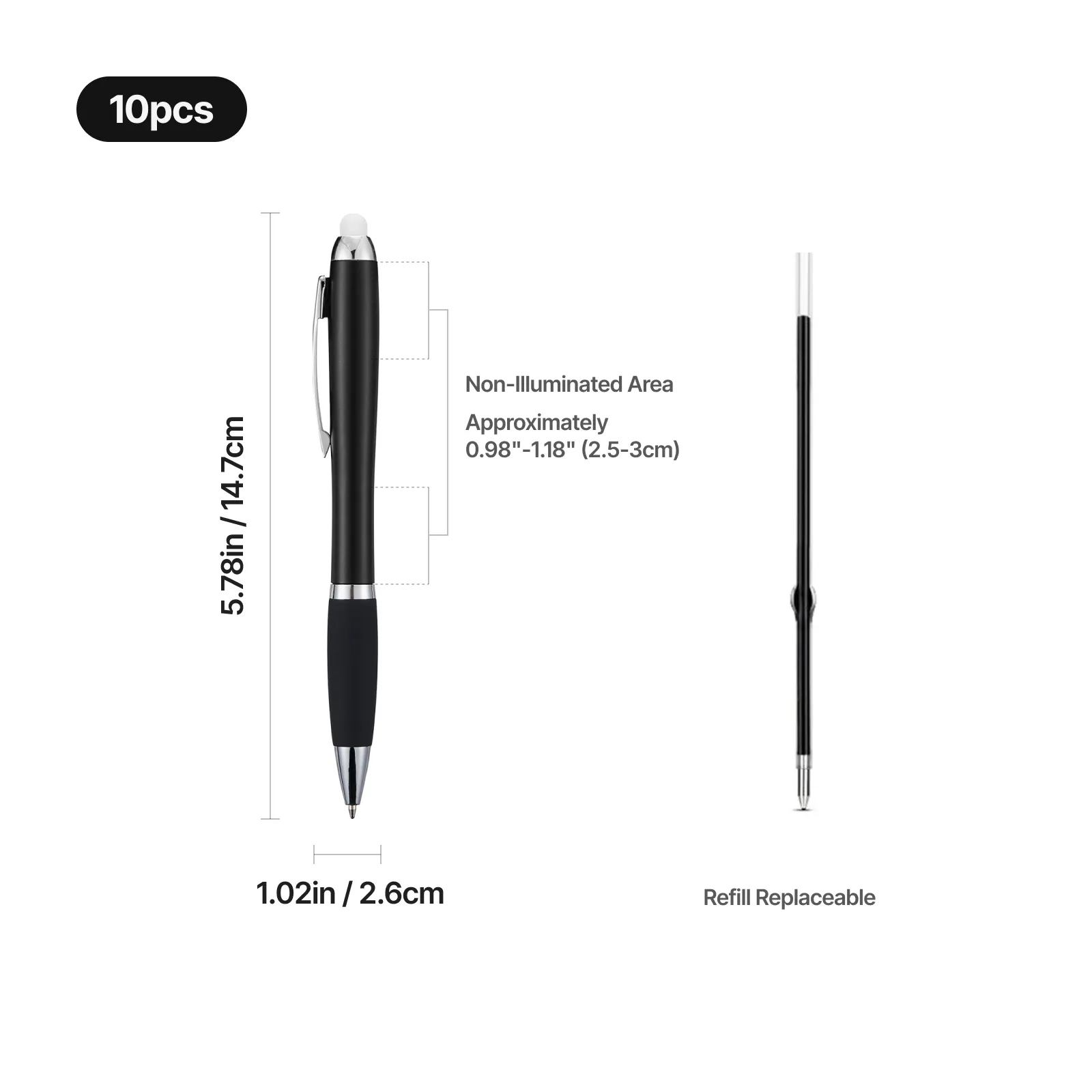 Black Stylus Ballpoint Pens with Multicolored LED Lights (10pcs) - Image 3